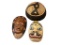 TWO AFRICAN HAND CARVED WOODEN MASKS AND CARVED GOURDS