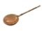 ANTIQUE COPPER BED WARMER WITH DECORATIVE BRASS HARDWARE AND LONG WOODEN HANDLE