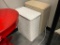 TWO HINGED TOP VINYL WICKER LAUNDRY HAMPERS IN WHITE AND BEIGE COLOR