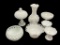 IMPERISLA GLASS LOGANBERRY MILK GLASS CASE AND SIX OTHER PIECES OF VINTAGE MILK GLASS
