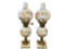 PAIR OF VINTAGE MILK GLASS HAND PAINTED ELECTRIC TABLE LAMPS WITH SQUARE STONE BASE