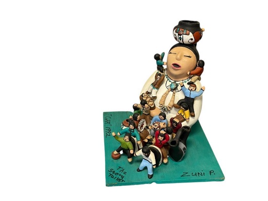 HOPI NATIVE AMERICAN HAND CRAFTED CLAY SCULPTURE TITLED "THE STORY TELLER" SIGNED ON BASE AND DATED