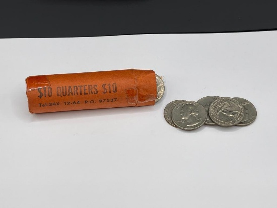 $10 ROLL OF U.S. WASHINGTON QUARTERS POST 1964 IN VINTAGE ROLL "TEL-34X"