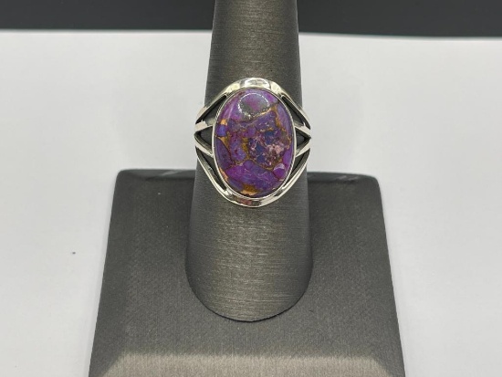 ARTISAN STERLING SILVER COPPER PURPLE TURQUOISE OVAL CABOCHON RING