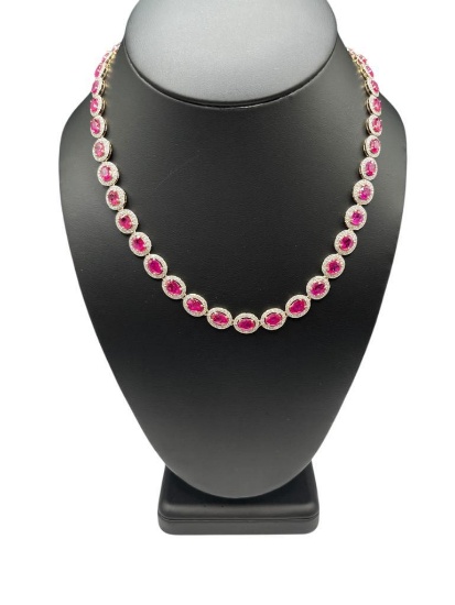 LADIES ORIANNE DESIGNER 14K YELLOW GOLDOVAL CUT RUBY NECKLACE WITH DIAMOND HALOS