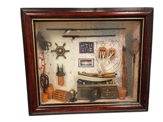 CAPTAINS NAUTICAL SHADOW BOX DISPLAY WITH SHIPS WHEEL, FISHING LINE, FISHING POLES ETC