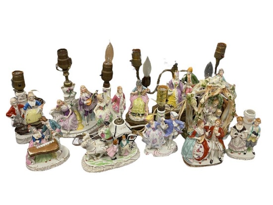 FRENCH PROVINCIAL ROMANTIC MAN AND WOMAN FIGURINES AND TABLE LAMPS 12 ITEMS TOTAL