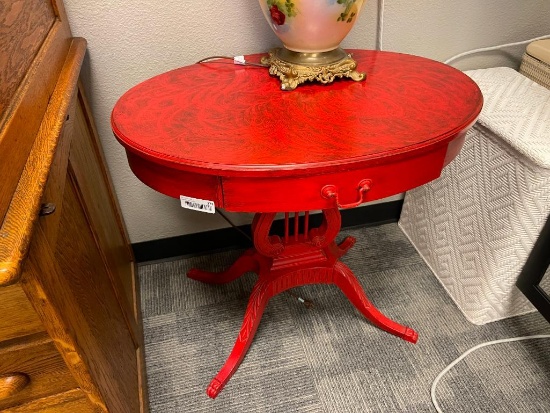 VINTAGE PAINTED MAHOGANY OBLONG SIDE TABLE WITH LYRE PEDESTAL AND FLARRED PAW FEET
