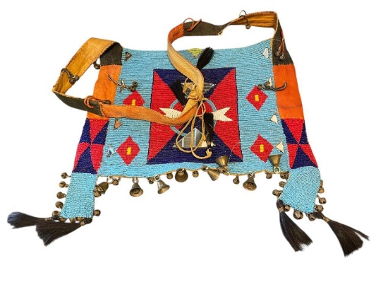 19TH CENTURY NATIVE AMERICAN HAND BEADED HORSE MARTINGALE ADORNED WITH BELLS, HORSEHAIR, AND MIRR...