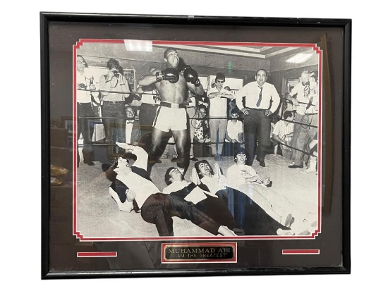 AUTOGRAPHED MUHAMMAD ALI BLACK AND WHITE PHOTOGRAPH FEATURING THE BEETLES IN THE RING