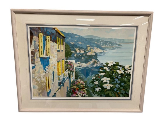 HOWARD BEHRENS "MEDITERRANEAN VIEW" SIGNED AND ARABIC NUMBERED HAND EMBELISHED SERIGRAPH