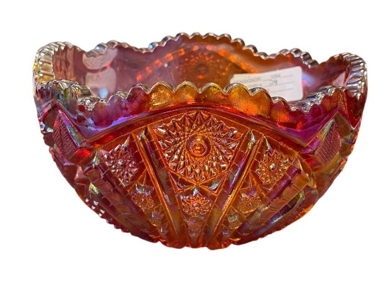VINTAGE INDIANA GLASS CO AMBERINA CARNIVAL GLASS HOBSTAR BOWL WITH SCALLOPED RIM