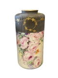 VINTAGE VIENNA AUSTRIA PORCELAIN CYLINDRICAL VASE HAND PAINTED WITH ROSE GILT ACCENTS