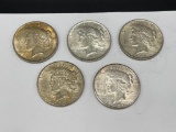 FIVE 1922 U.S. PEACE SILVER DOLLARS AU