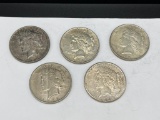 FIVE U.S. PEACE SILVER DOLLARS INCLUDING TWO 1922-D, 1922-S, AND TWO 1922