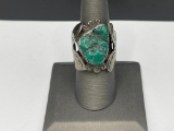 ANTIQUE NAVAJO STERLING SILVER GREEN TURQUOISE RING