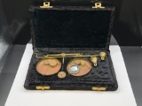 ANTIQUE BRASS GOLD SCALE WITH WEIGHTS AND ORIGINAL STORAGE CASE