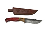 DAMASCUS STEEL FIXED BLADE KNIFE FEATURING CLIP-POINT AND SERATED BACK EDGE