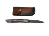 UNIQUE TOOLED METAL AND DYED RED WOOD HANDLE DAMASCUS STEEL FOLDING KNIFE WITH DROP POINT BLADE