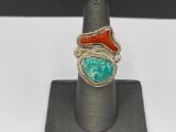 VINTAGE NATIVE AMERICAN SIGNED STERLING SILVER TURQUOISE AND CORAL RING