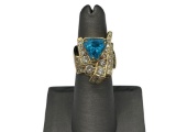 IMPRESSIVE LADIES 14K YELLOW GOLD SWISS BLUE TOPAZ AND DIAMOND RING