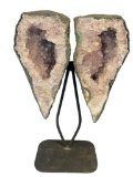STRIKING AMETHYST WINGS GEOLOGICAL SPECIMEN CENTERPIECE SCULPTURE ON METAL STAND