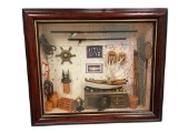CAPTAINS NAUTICAL SHADOW BOX DISPLAY WITH SHIPS WHEEL, FISHING LINE, FISHING POLES ETC