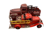 TWO VINTAGE INSPIRED METAL DECORATIVE TRUCK MODELS, STAKE BED PICK UP AND FIRE ENGINE