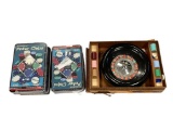 PROFESSIONAL POKER CHIPS AND SMALL TABLE TOP ROULETTE WHEEL WITH CHIPS