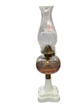 1870'S HOBBS BRUCKUNIER & CO. OIL LAMP RIB BAND CLEAR GLASS FONT WITH WHITE OPAQUE GLASS BASE
