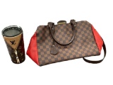 MARKED LOUIS VUITTON LARGE SHOULDER BAG PLUS LOUIS VUITTON DECORATED TUMBLER
