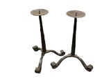 PAIR OF INDUSTRIAL STYLED HEAVY IRON CANDLESTICK HOLDERS