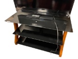 CONTEMPORARY WOOD AND GLASS TV STAND WITH SMOKED GLASS SHELVES AND OAK GRAIN FRAME