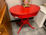 VINTAGE PAINTED MAHOGANY OBLONG SIDE TABLE WITH LYRE PEDESTAL AND FLARRED PAW FEET