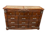 ELEGANT DARK STAINED HAVANA COVE DESIGNER 13 DRAWER DRESSER FEATURING MARBLE STONE INLAY TOP