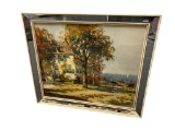 FLORENCE LOUISE SMYTHE LITHOGRAPH OF FALL SCENE FEATURING HOME BY THE WATER AND BOATS