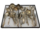ASSORTED SILVERPLATED FLATWARE INCLUDES LADLES, SERVING SPOONS, KNIVES, AND MORE
