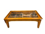 ELEGANT LIGHT STAINED WOOD AND BEVELED GLASS RECTANGULAR COFFEE TABLE