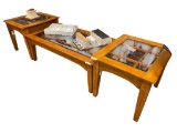 ELEGANT LIGHT STAINED WOOD AND BEVELED GLASS RECTANGULAR END TABLES