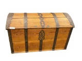 ANTIQUE OCTOBER, 1755 MARKED AND SIGNED RUSTIC WOOD AND METAL CHEST WITH STORAGE COMPARTMENT