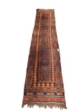VINTAGE MID-CENTURY AFGHAN HANDMADE LOW PILE WOOL RUG WITH ORIENTAL ORANGE, REDS, AND BLUES