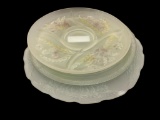 THREE ELEGANT FROSTED GLASS SERVING PATTERS WITH FOLIATE DESIGNS