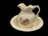 ANTIQUE ARNER'S POTTERY PITCHER AND WASH BASIN WITH HANDPAINTED PINK ROSE DESIGN