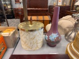 VINTAGE ICE-BUCKET WITH GLASS INSERT AND PURPLE HAND PAINTED FLOWER MOTIF BUD VASE