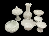 IMPERISLA GLASS LOGANBERRY MILK GLASS CASE AND SIX OTHER PIECES OF VINTAGE MILK GLASS