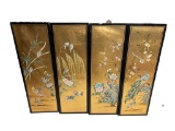 SET OF FOUR VINTAGE MID-CENTURY CHINOISERIE DESIGN WALL ART WITH BIRDS AND FLOWERS ON GOLD DESIGN