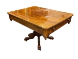 ANTIQUE TIGER OAK WOOD PARLOR CARD TABLE WITH CLAW FOOT BASE ON CASTORS