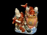 VINTAGE CHINESE PORCELAIN SCULPTURE OF TONG ZI LUCKY CHILDREN WITH KOI FISH AND BEARDED ELDER