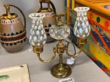 VINTAGE MID-CENTURY FENTON FRENCH OPALESCENT COIN DOT GLASS SHADE DUAL ARM TABLE LAMP