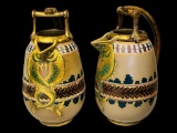 EXQUISITE PAIR OF ART NOUVEAU ANTIQUE SIGNED SARRAGUEMINES MAJOLICA FRENCH POTTERY KOI FISH EWERS